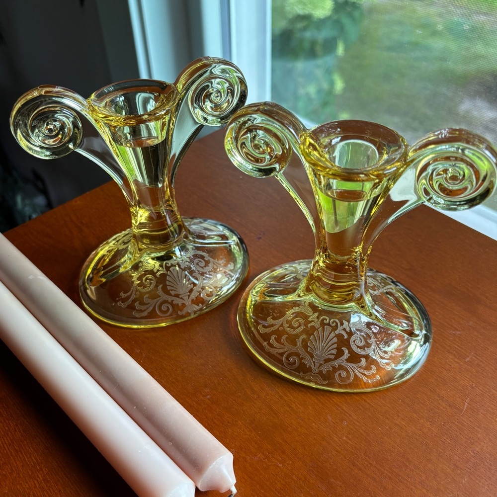 Fostoria Candlesticks Yellow Topaz Scrolled Vintage